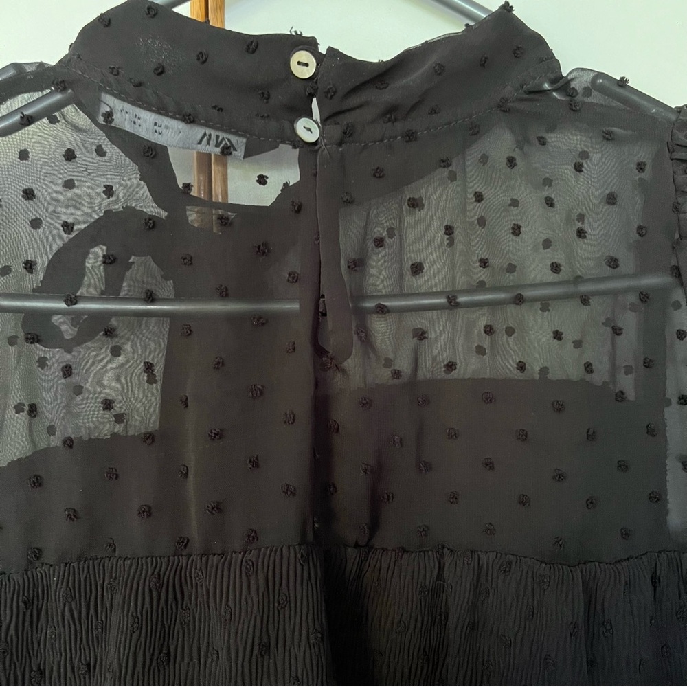Zara Black Sheer Dot-Tier Tie-Neck Blouse - Picture 8 of 14